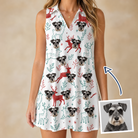 Woman wearing Women's Prancer Pranks Custom Dog Face V-Neck Dress — custom faces printed all-over