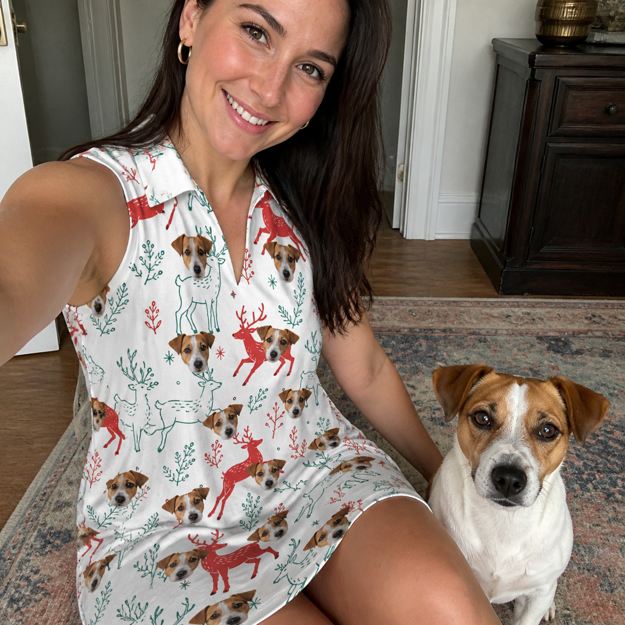 Selfie with the pet whose face is printed all over this Women's Prancer Pranks Custom Dog Face V-Neck Dress