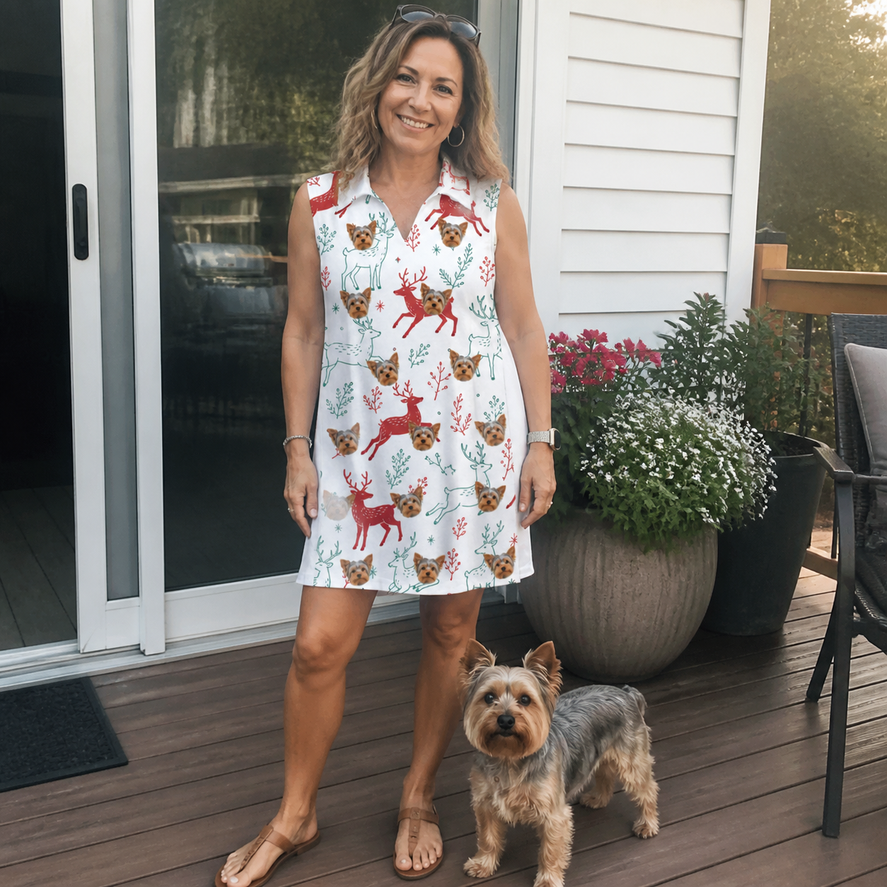 Full-length photo with the pet printed all over this Women's Prancer Pranks Custom Dog Face V-Neck Dress
