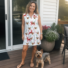 Full-length photo with the pet printed all over this Women's Prancer Pranks Custom Dog Face V-Neck Dress