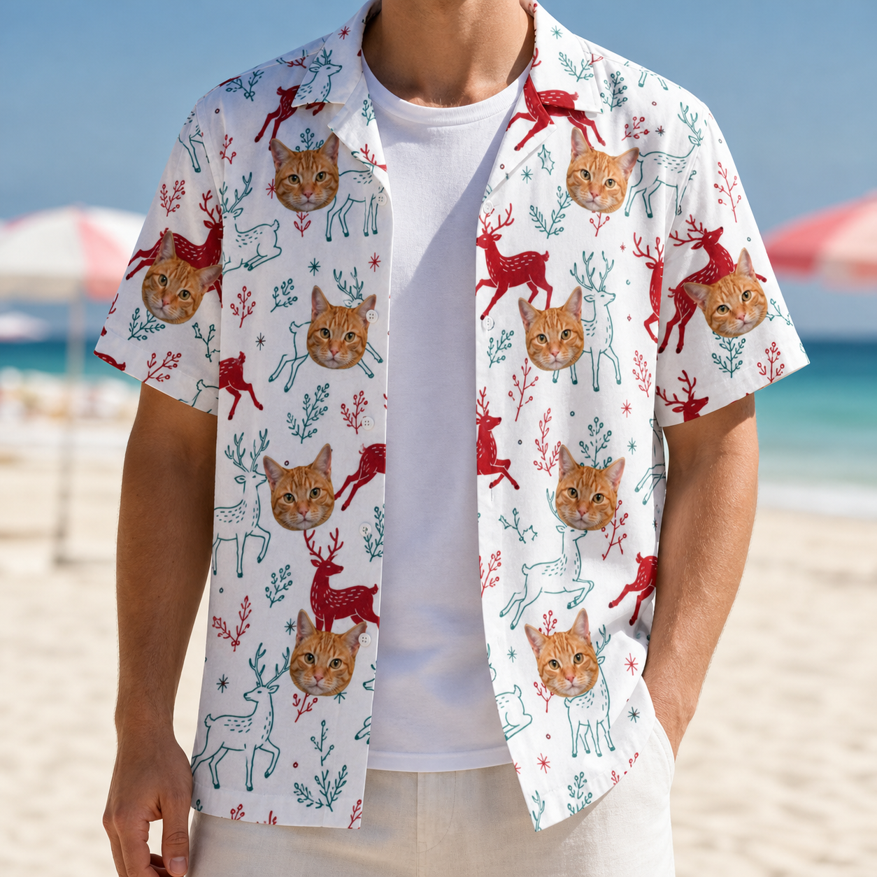 Man wearing Men's Prancer Pranks Custom Cat Face Hawaiian Shirt open over a white tee