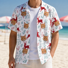 Man wearing Men's Prancer Pranks Custom Cat Face Hawaiian Shirt open over a white tee