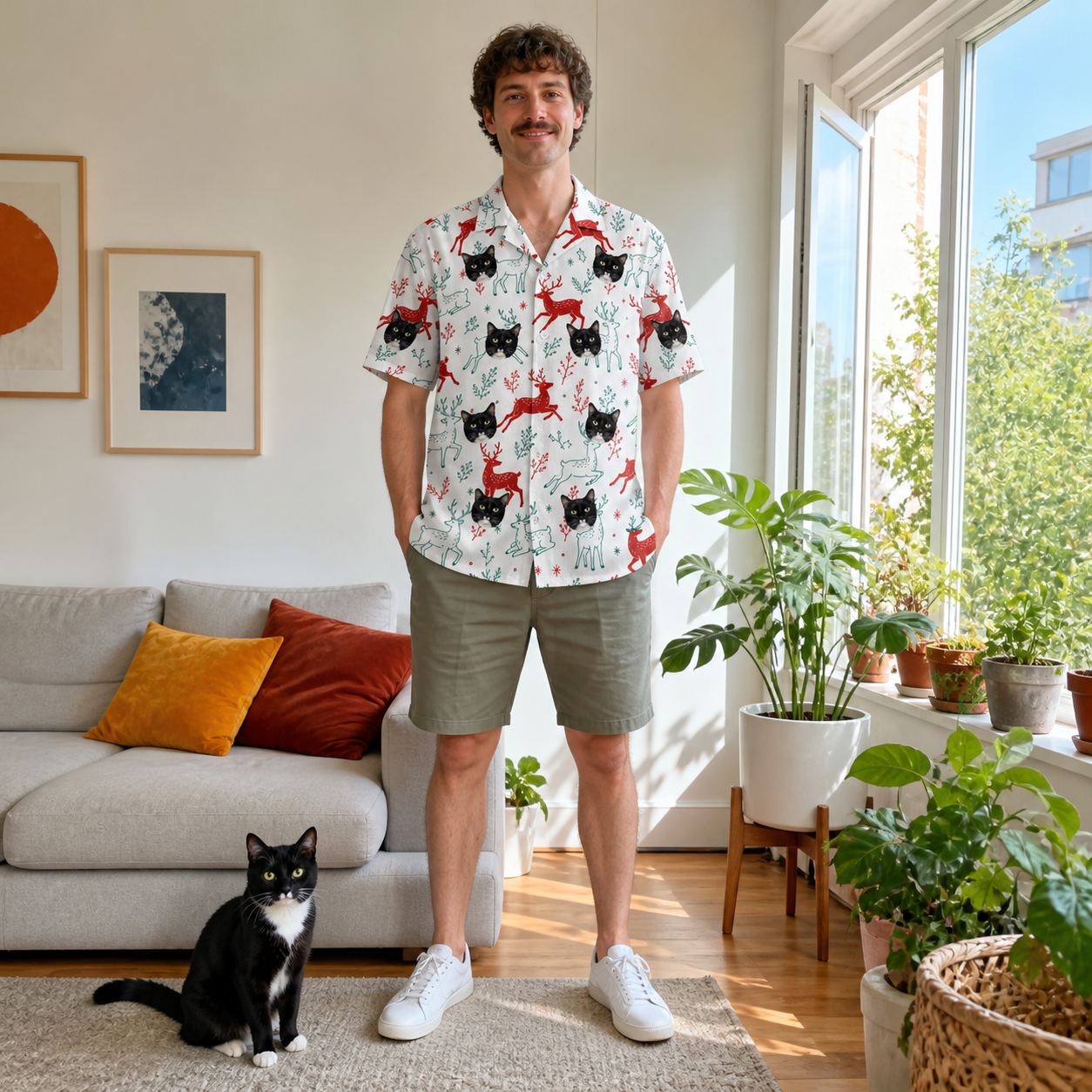 Full-length photo with the pet printed all over this Men's Prancer Pranks Custom Cat Face Hawaiian Shirt