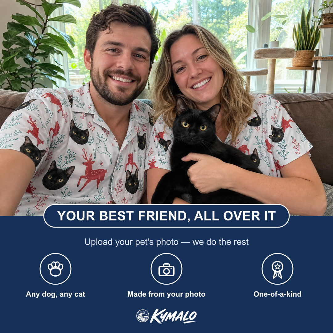 Friends in matching Men's Prancer Pranks Custom Cat Face Hawaiian Shirt — a group gift photo