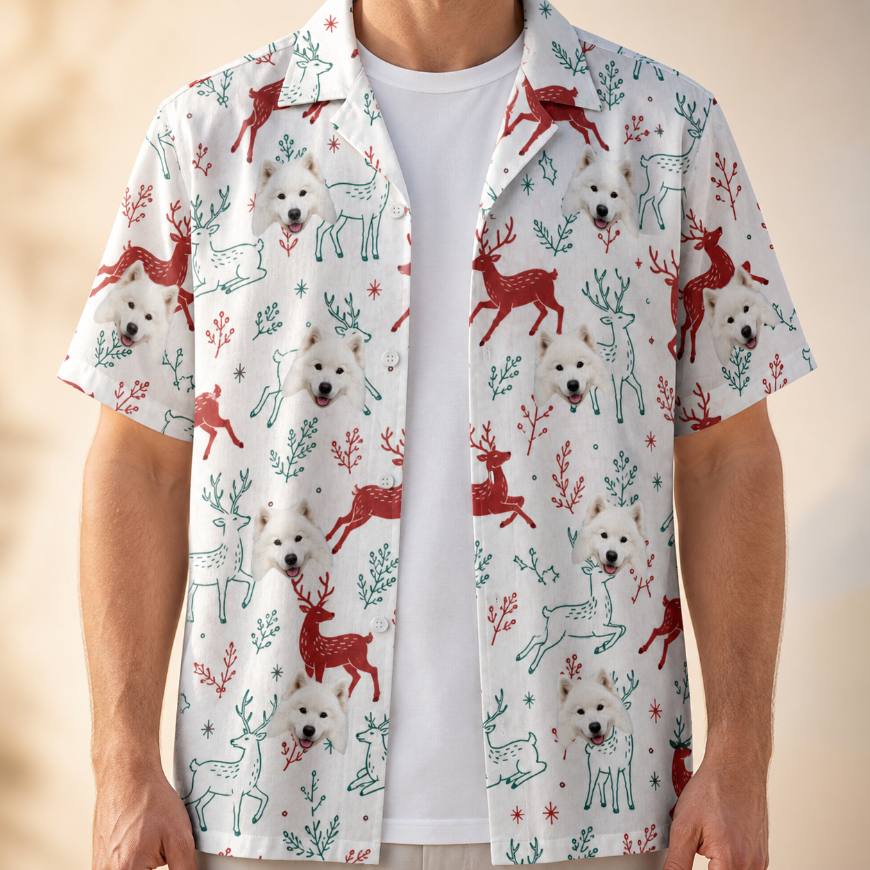 Man wearing Men's Prancer Pranks Custom Dog Face Hawaiian Shirt open over a white tee