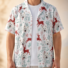 Man wearing Men's Prancer Pranks Custom Dog Face Hawaiian Shirt open over a white tee