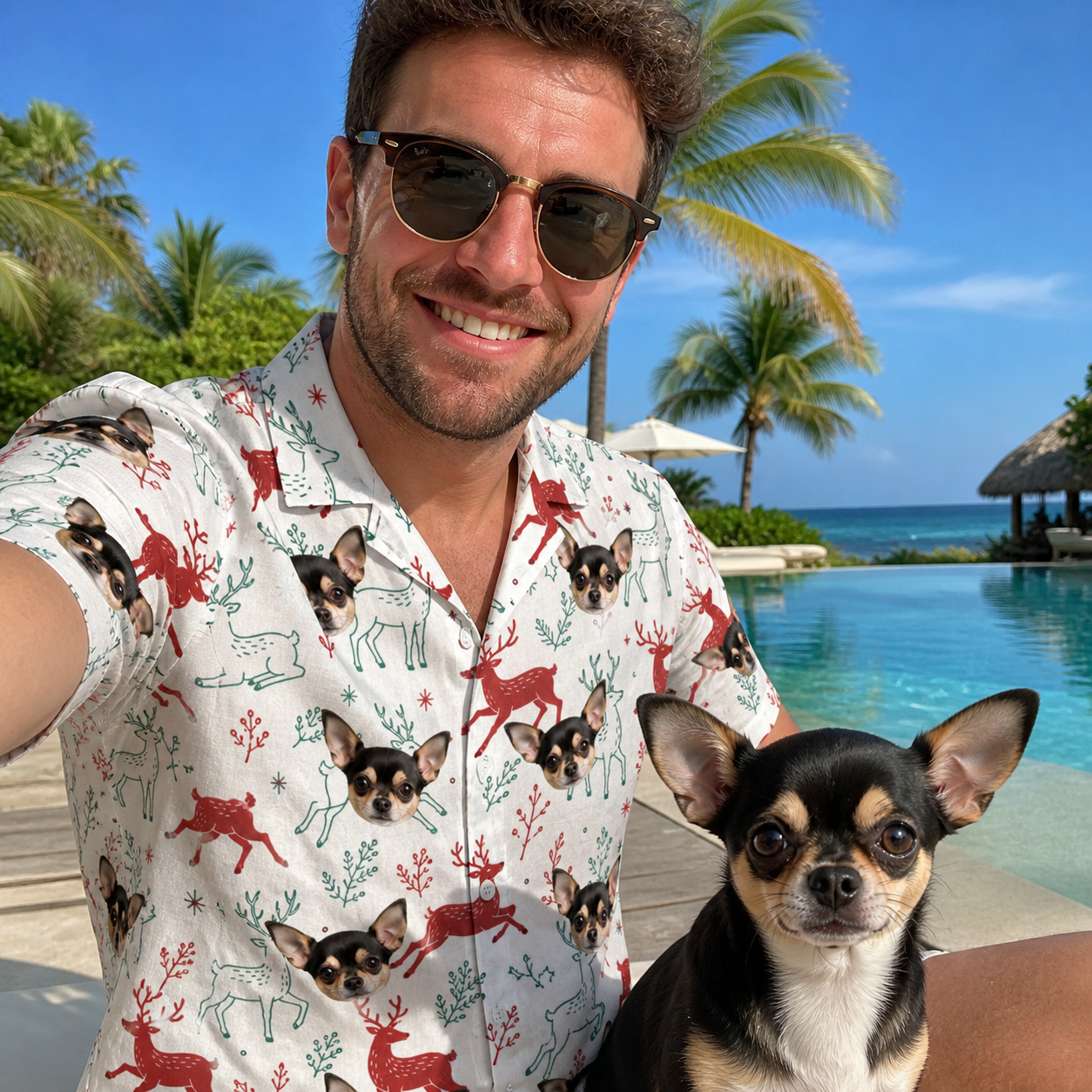 Selfie with the pet whose face is printed all over this Men's Prancer Pranks Custom Dog Face Hawaiian Shirt