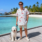 Full-length photo with the pet printed all over this Men's Prancer Pranks Custom Dog Face Hawaiian Shirt