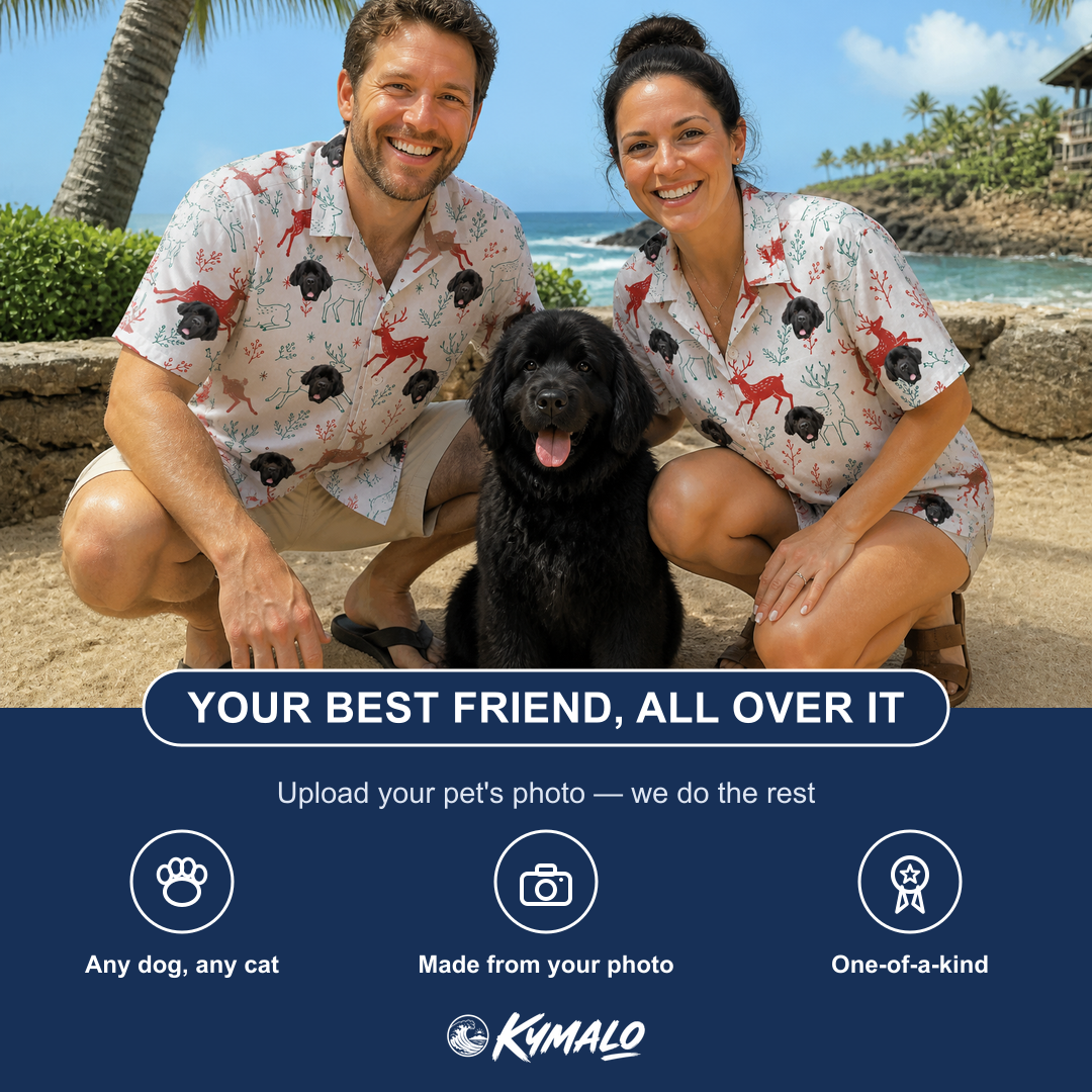 Friends in matching Men's Prancer Pranks Custom Dog Face Hawaiian Shirt — a group gift photo