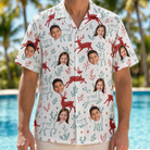 Model wearing Men's Prancer Pranks Custom Face Hawaiian Shirt printed with kids' faces