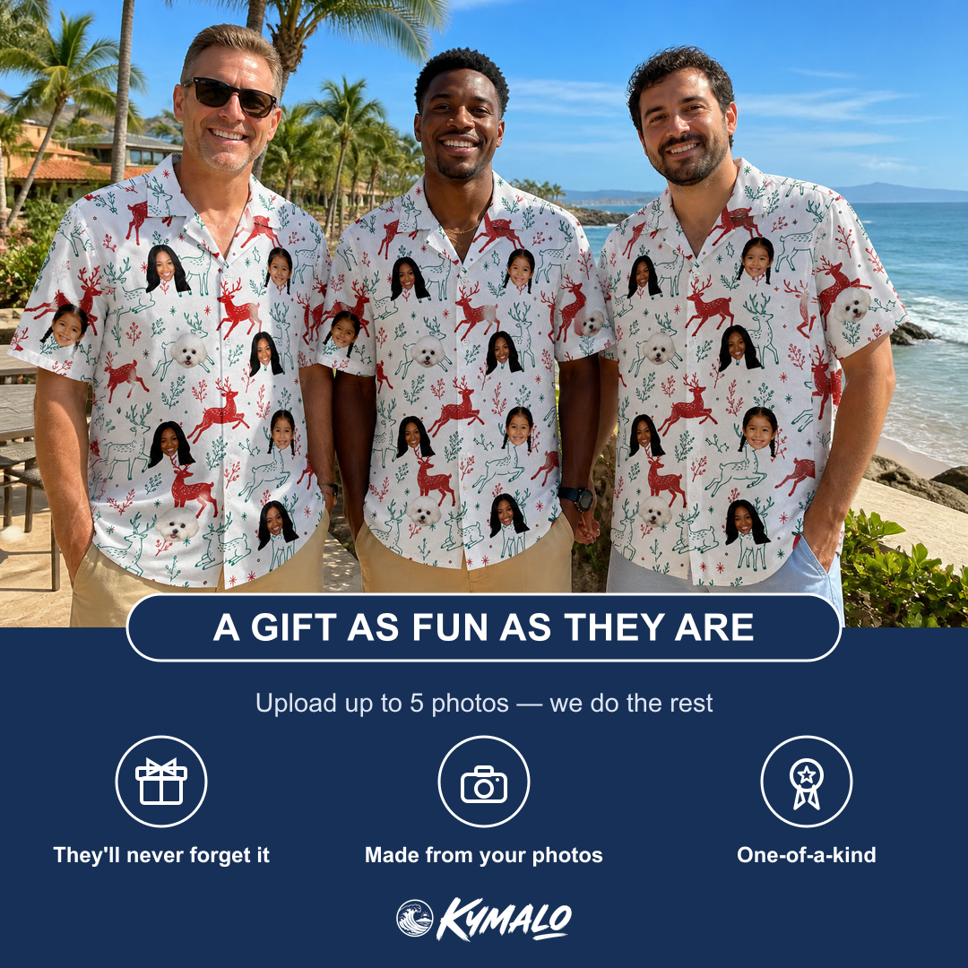 Friends in matching Men's Prancer Pranks Custom Face Hawaiian Shirt — a group gift photo