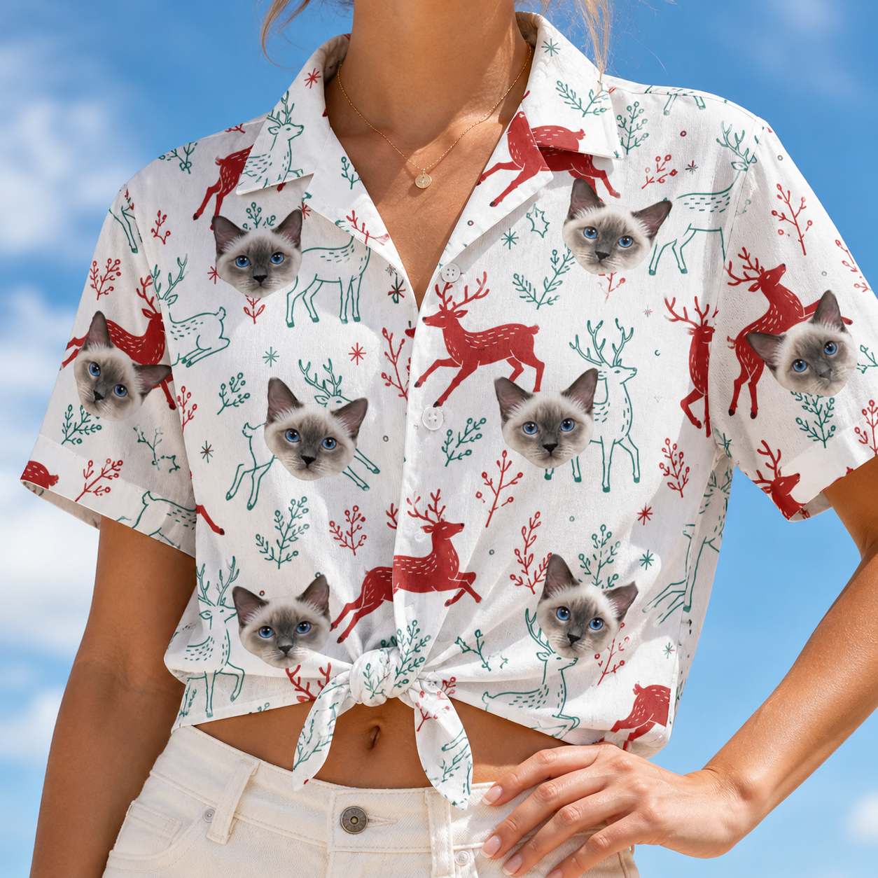 Woman wearing Women's Prancer Pranks Custom Cat Face Hawaiian Shirt tied at the waist