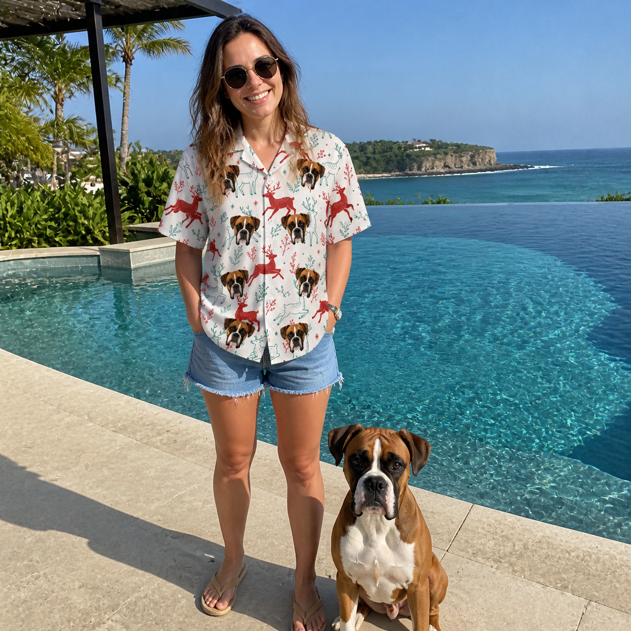 Full-length photo with the pet printed all over this Women's Prancer Pranks Custom Dog Face Hawaiian Shirt