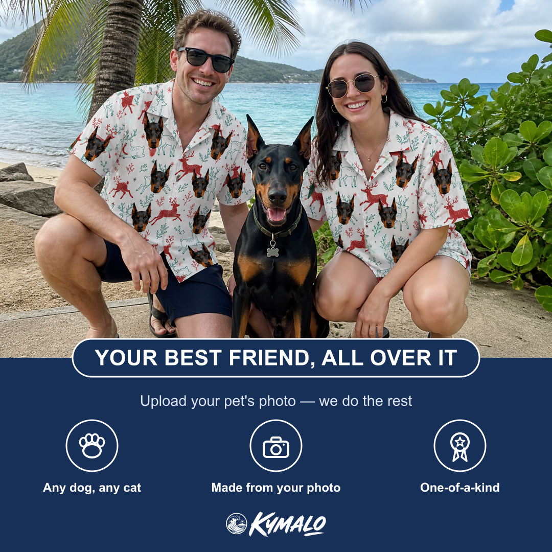 Friends in matching Women's Prancer Pranks Custom Dog Face Hawaiian Shirt — a group gift photo