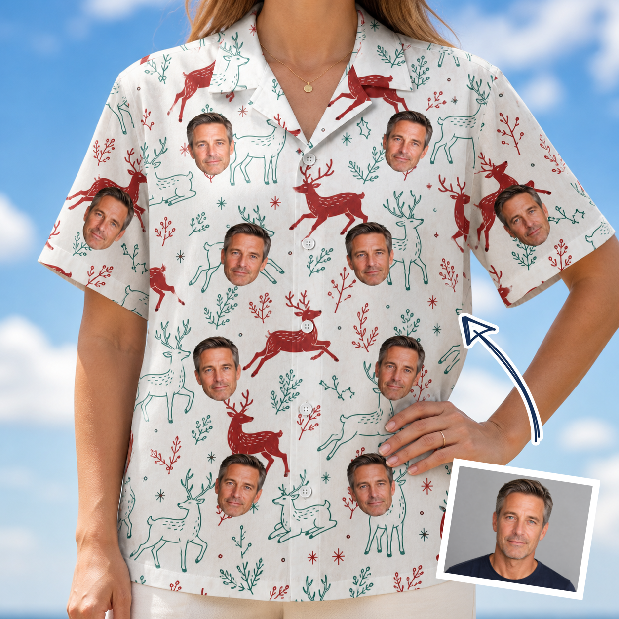 Woman wearing Women's Prancer Pranks Custom Face Hawaiian Shirt — custom faces printed all-over