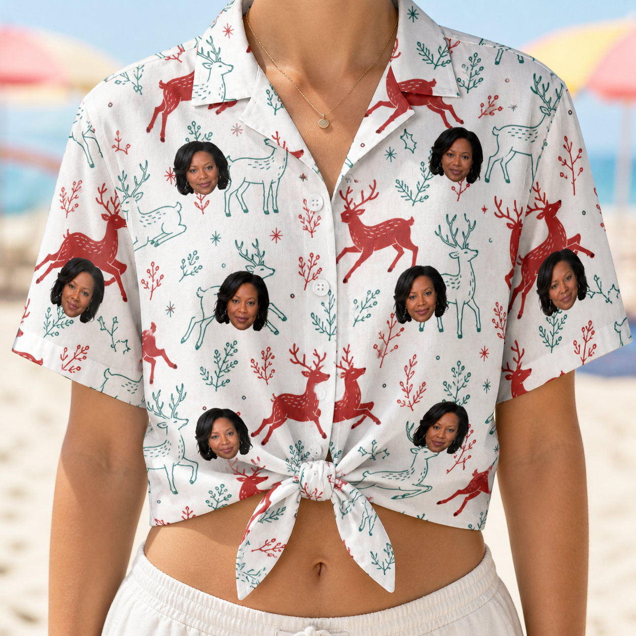 Woman wearing Women's Prancer Pranks Custom Face Hawaiian Shirt tied at the waist