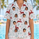 Model wearing Women's Prancer Pranks Custom Face Hawaiian Shirt printed with kids' faces