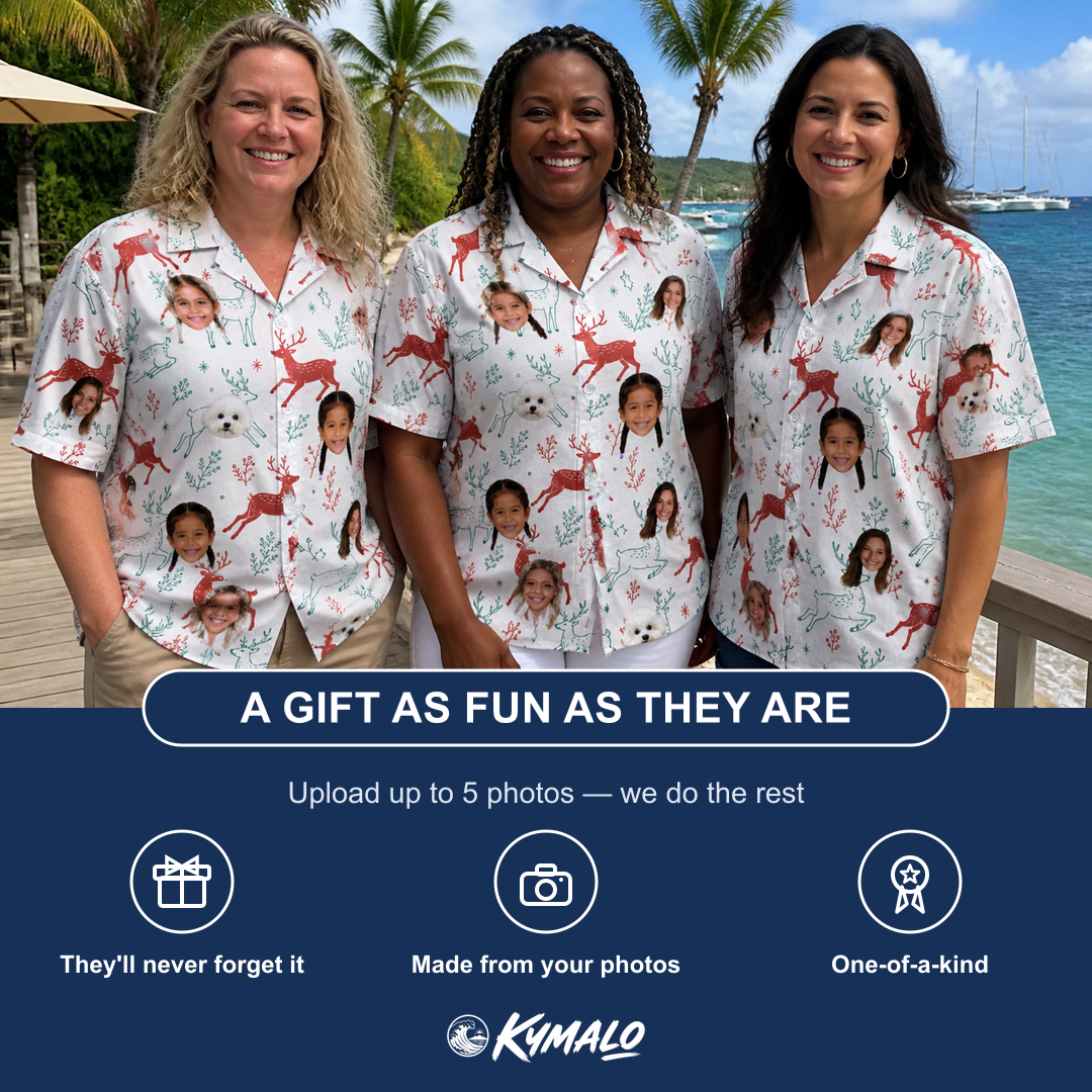 Friends in matching Women's Prancer Pranks Custom Face Hawaiian Shirt — a group gift photo