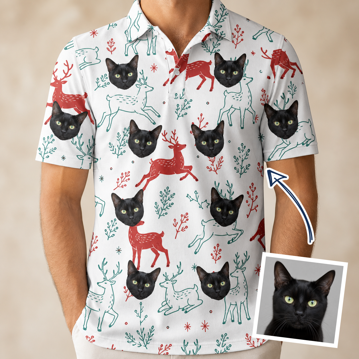 Man wearing Men's Prancer Pranks Custom Cat Face Polo Shirt — custom faces printed all-over