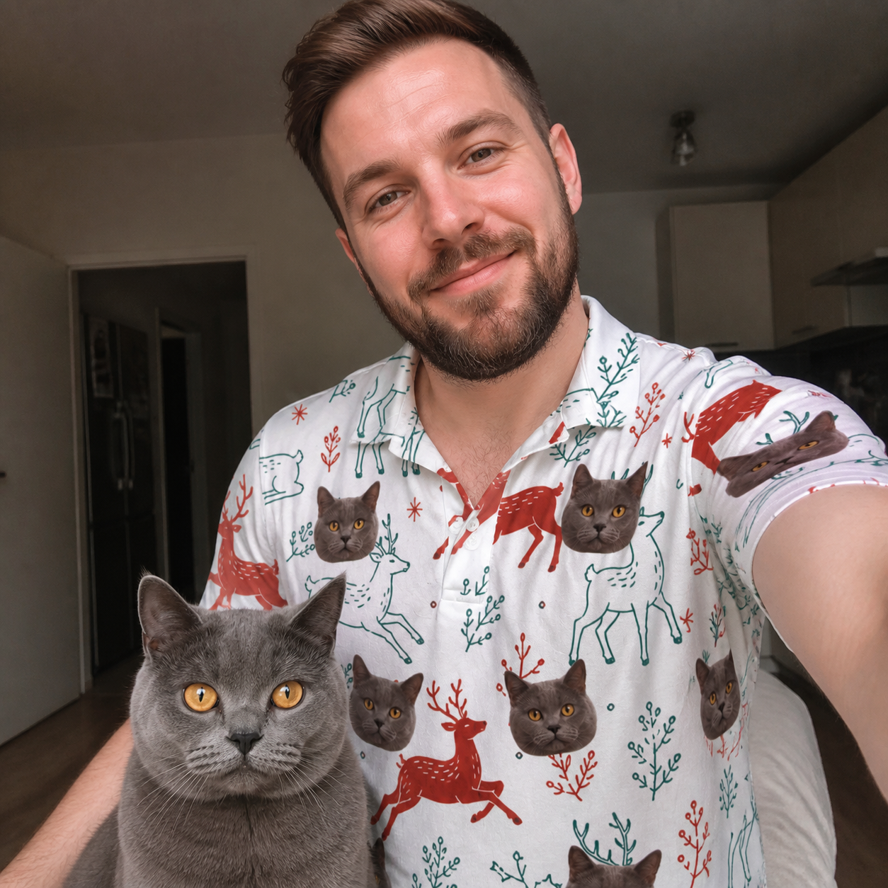 Selfie with the pet whose face is printed all over this Men's Prancer Pranks Custom Cat Face Polo Shirt