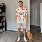 Full-length photo with the pet printed all over this Men's Prancer Pranks Custom Cat Face Polo Shirt