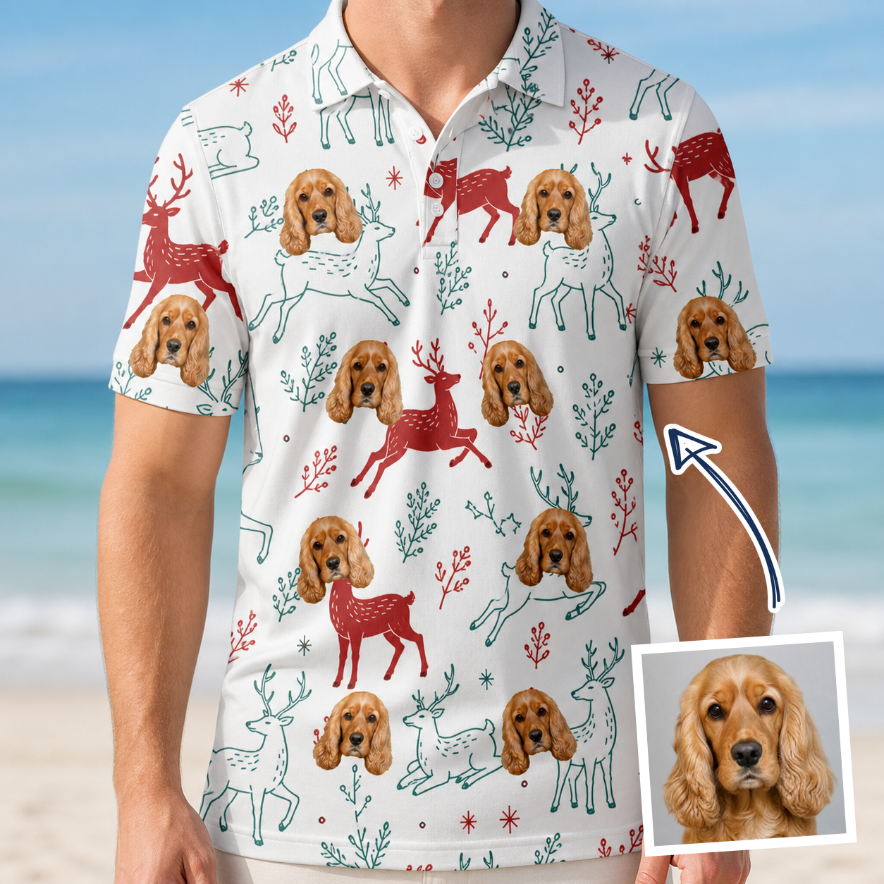 Man wearing Men's Prancer Pranks Custom Dog Face Polo Shirt — custom faces printed all-over