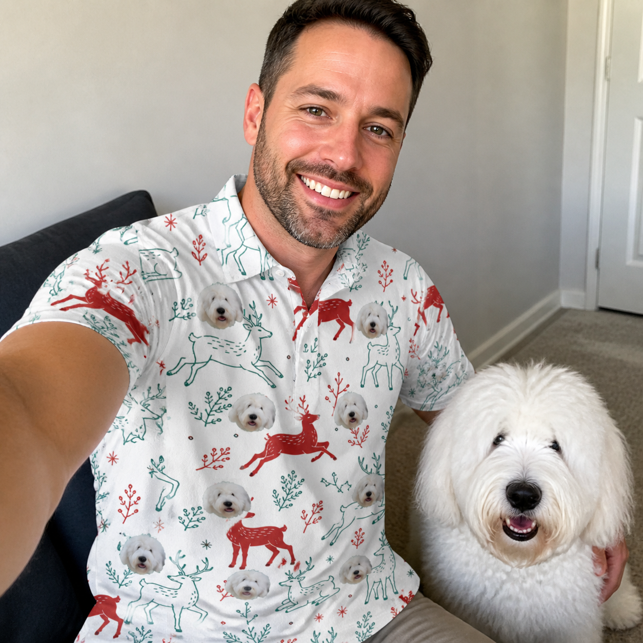 Selfie with the pet whose face is printed all over this Men's Prancer Pranks Custom Dog Face Polo Shirt