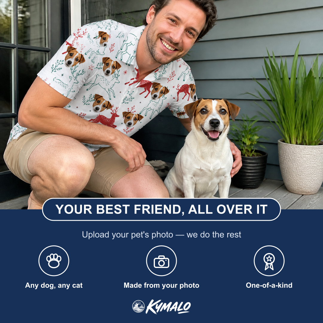 Friends in matching Men's Prancer Pranks Custom Dog Face Polo Shirt — a group gift photo