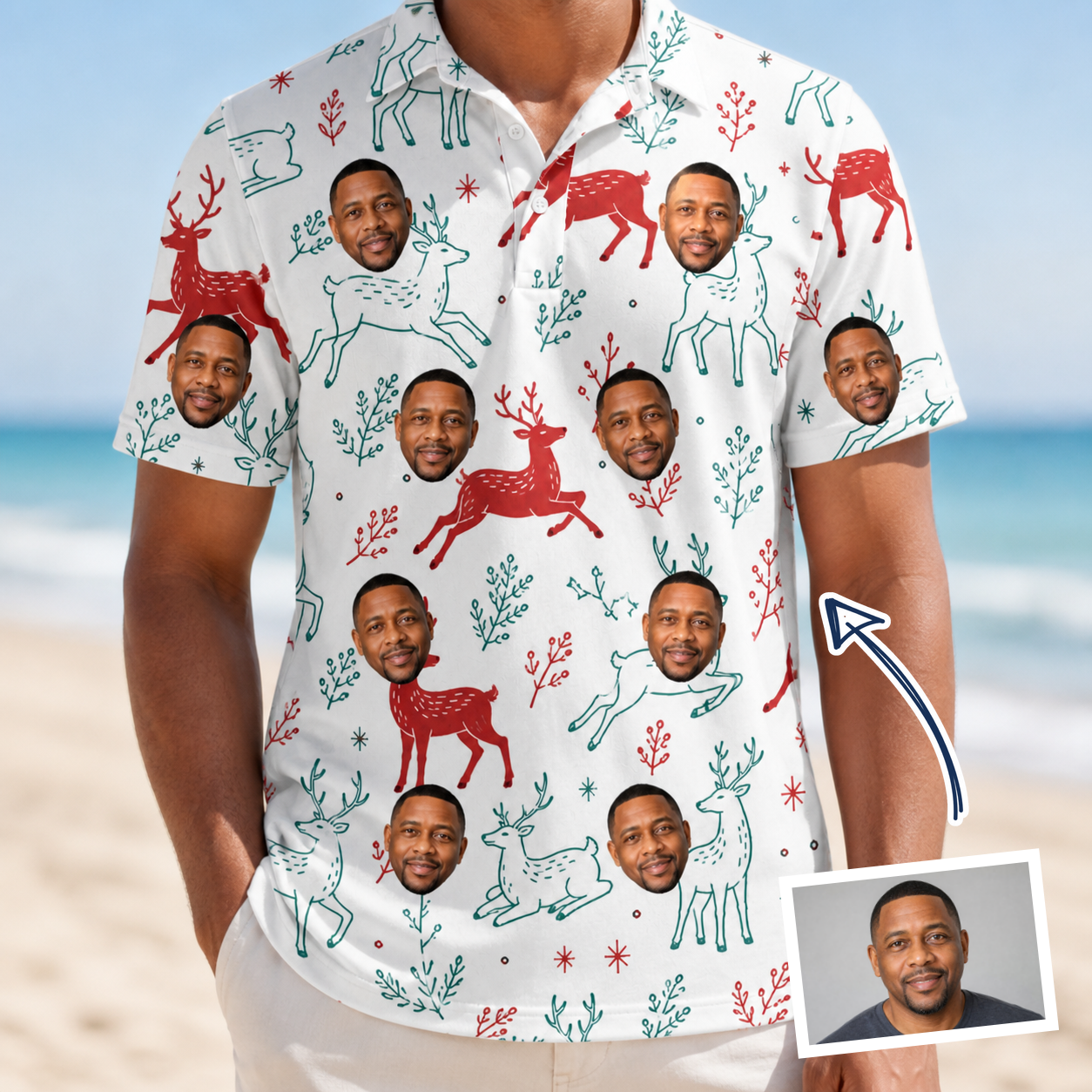 Man wearing Men's Prancer Pranks Custom Face Polo Shirt — custom faces printed all-over