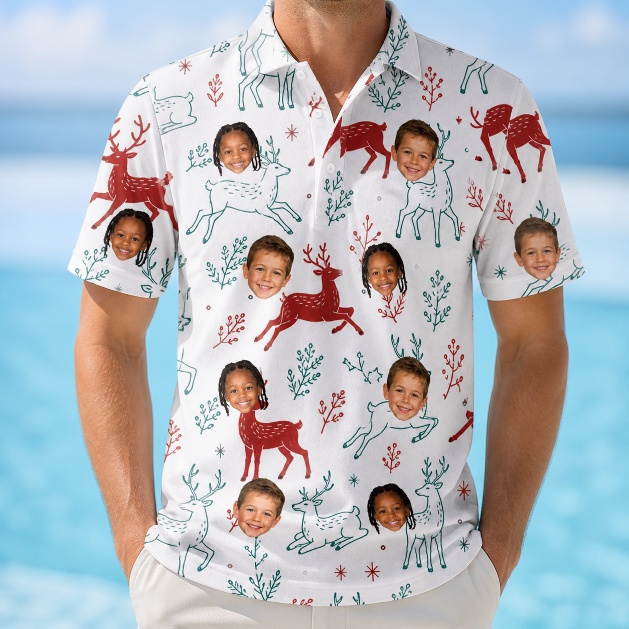Model wearing Men's Prancer Pranks Custom Face Polo Shirt printed with kids' faces