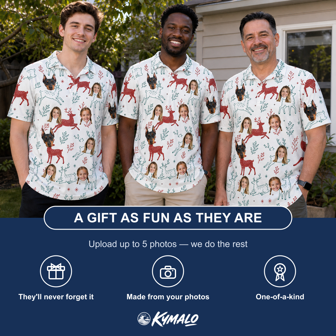 Friends in matching Men's Prancer Pranks Custom Face Polo Shirt — a group gift photo