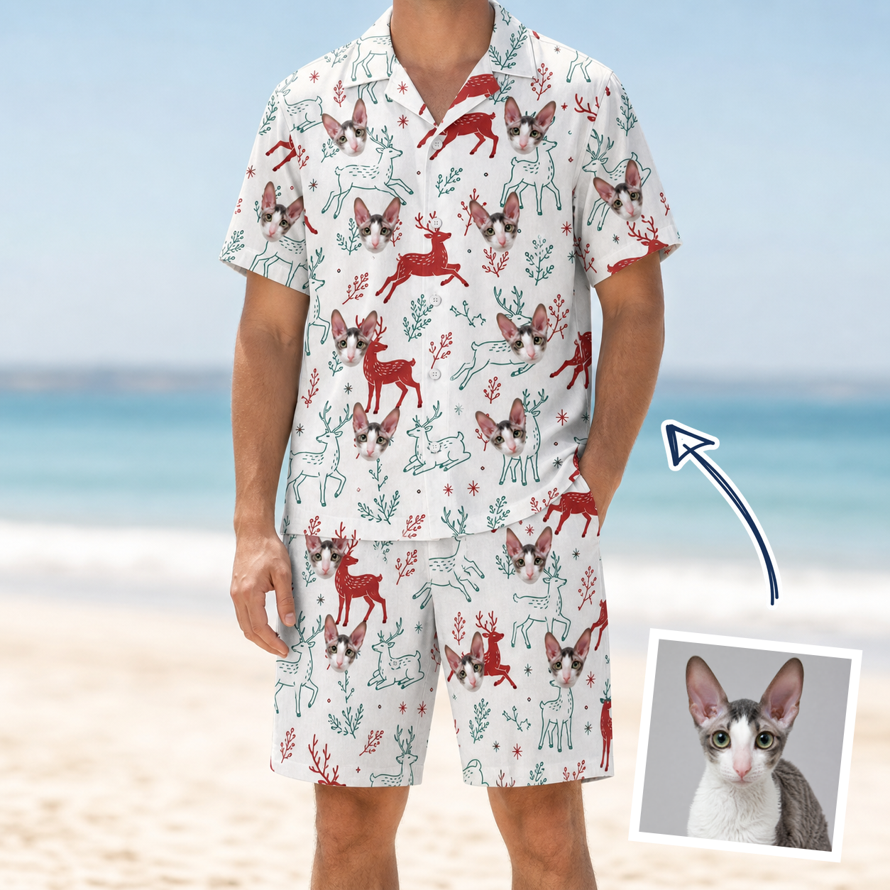 Man wearing Men's Prancer Pranks Custom Cat Face Shirt & Shorts Set — custom faces printed all-over