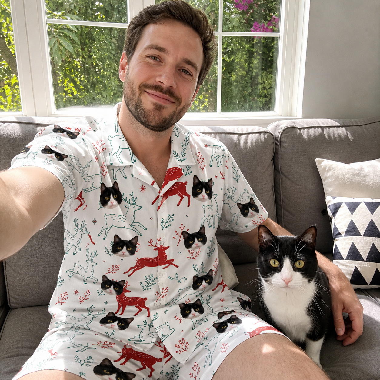 Selfie with the pet whose face is printed all over this Men's Prancer Pranks Custom Cat Face Shirt & Shorts Set