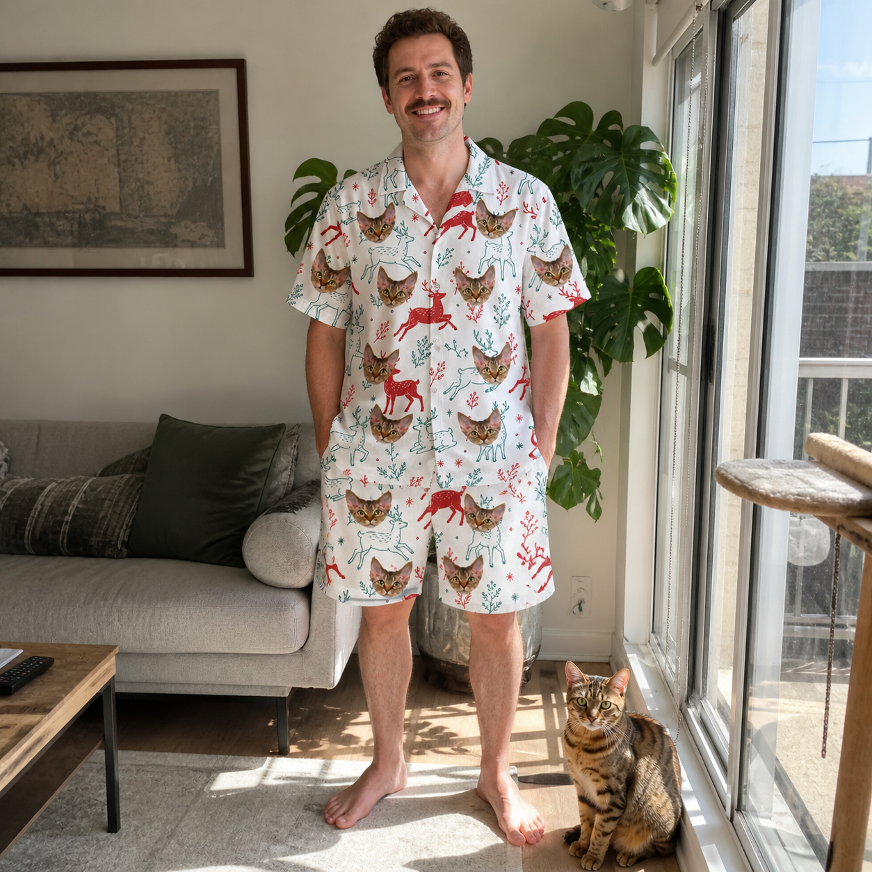 Full-length photo with the pet printed all over this Men's Prancer Pranks Custom Cat Face Shirt & Shorts Set