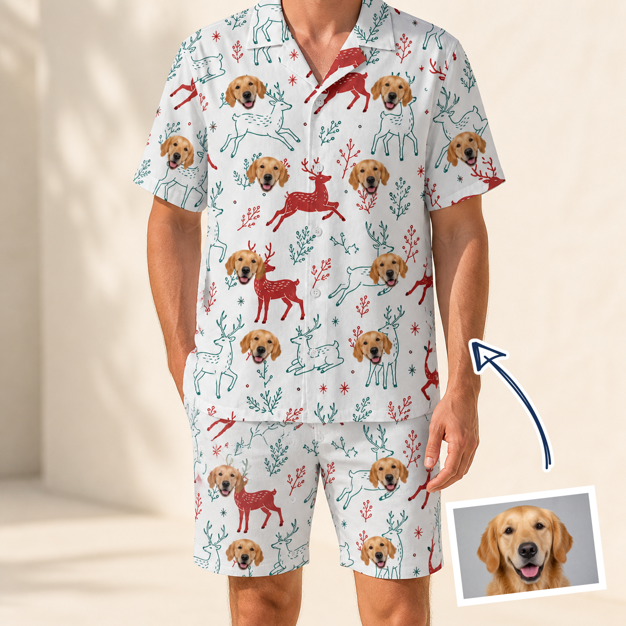 Man wearing Men's Prancer Pranks Custom Dog Face Shirt & Shorts Set — custom faces printed all-over