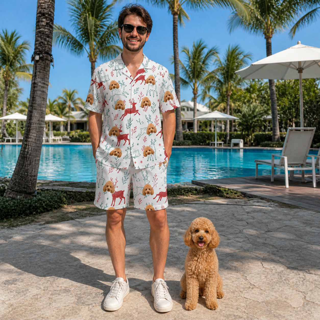 Full-length photo with the pet printed all over this Men's Prancer Pranks Custom Dog Face Shirt & Shorts Set