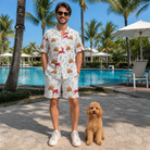 Full-length photo with the pet printed all over this Men's Prancer Pranks Custom Dog Face Shirt & Shorts Set