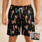 Man wearing Men's Wick Winks Custom Face Beach Shorts — custom faces printed all-over