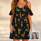 Woman wearing Women's Wick Winks Custom Face Off-Shoulder Dress — custom faces printed all-over