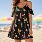 Model wearing Women's Wick Winks Custom Face Off-Shoulder Dress printed with kids' faces