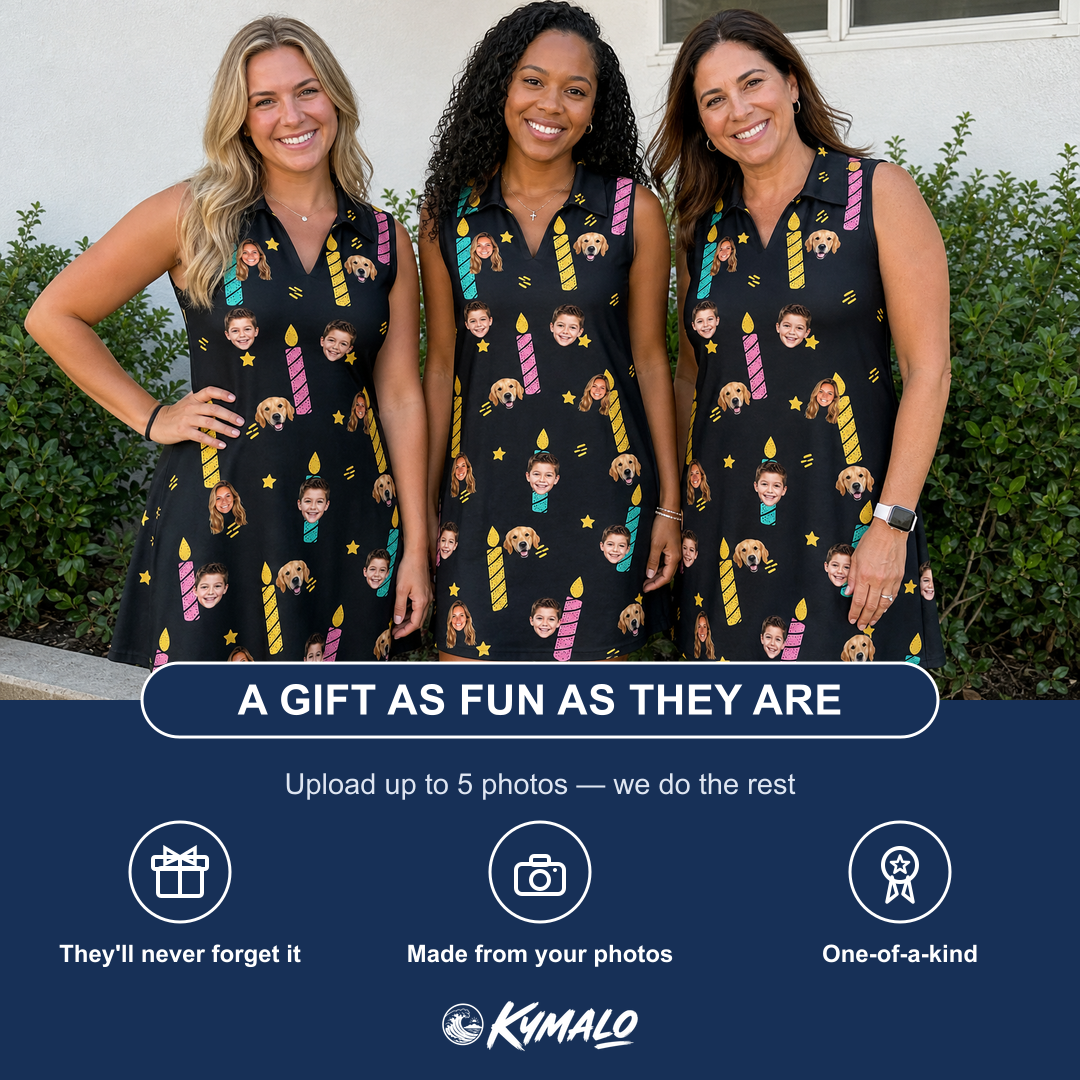 Friends in matching Women's Wick Winks Custom Face V-Neck Dress — a group gift photo