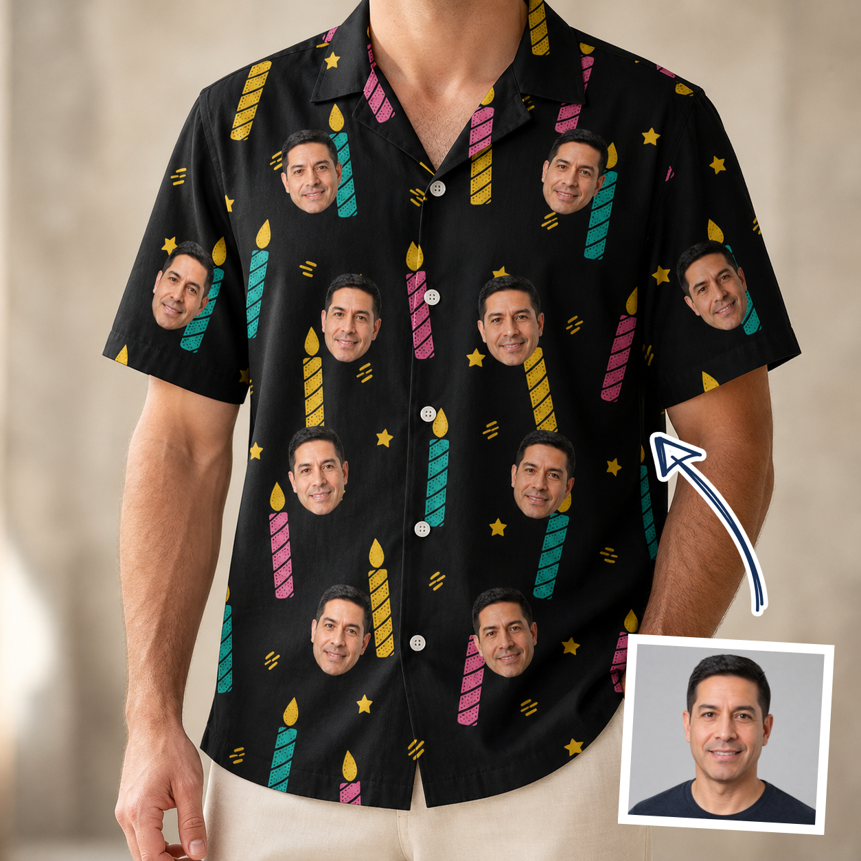 Man wearing Men's Wick Winks Custom Face Hawaiian Shirt — custom faces printed all-over