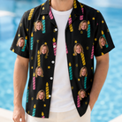 Man wearing Men's Wick Winks Custom Face Hawaiian Shirt open over a white tee
