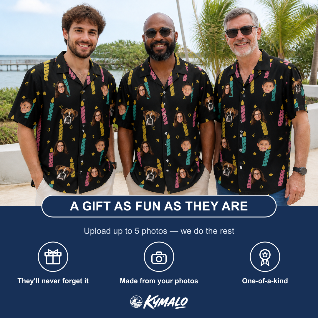 Friends in matching Men's Wick Winks Custom Face Hawaiian Shirt — a group gift photo