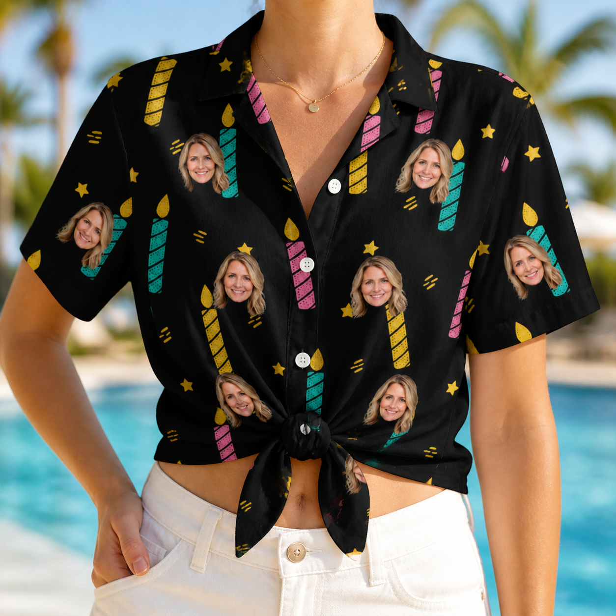 Woman wearing Women's Wick Winks Custom Face Hawaiian Shirt tied at the waist