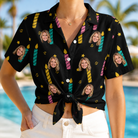Woman wearing Women's Wick Winks Custom Face Hawaiian Shirt tied at the waist