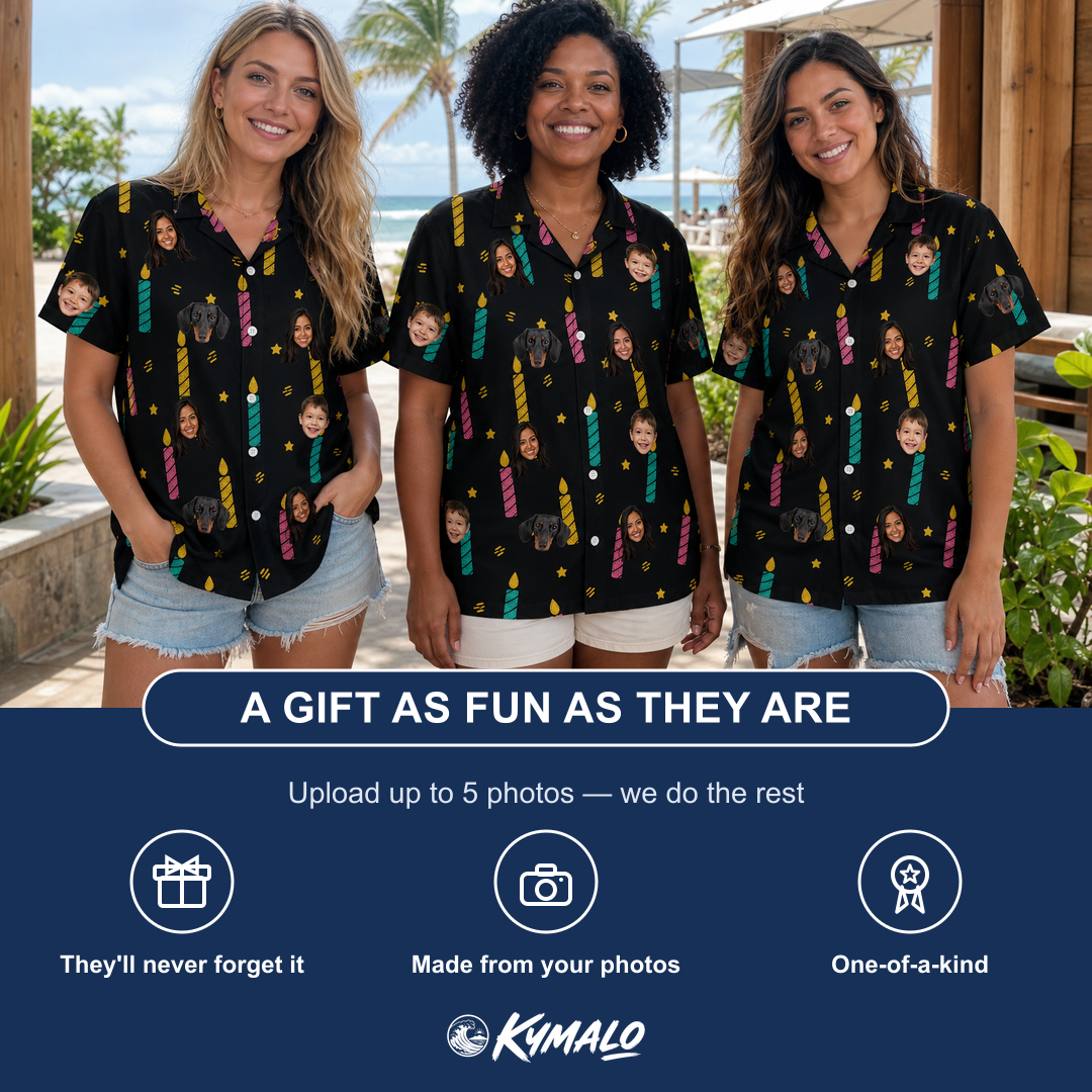 Friends in matching Women's Wick Winks Custom Face Hawaiian Shirt — a group gift photo
