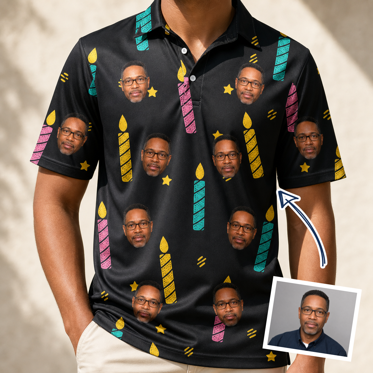 Man wearing Men's Wick Winks Custom Face Polo Shirt — custom faces printed all-over