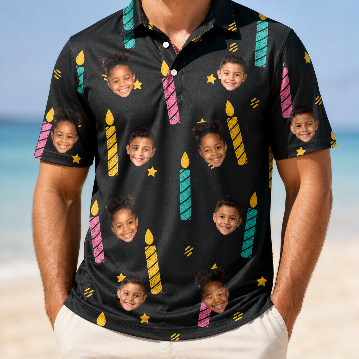 Model wearing Men's Wick Winks Custom Face Polo Shirt printed with kids' faces