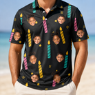 Model wearing Men's Wick Winks Custom Face Polo Shirt printed with kids' faces
